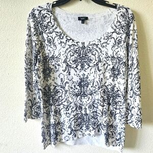 Talbots Women's Floral 3/4 Sleeve Boho Knit Black White ChicTop size 1X.